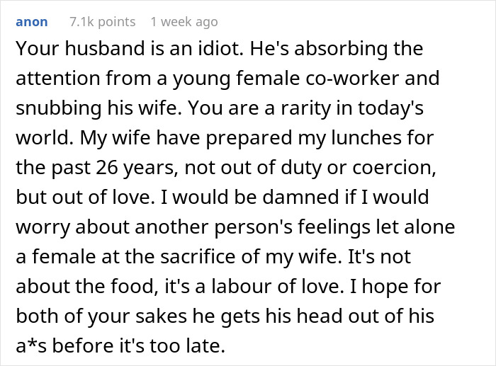 Husband’s “Work Wife” Wins Over His Stomach, So His Actual Wife Stops Making Him Lunches