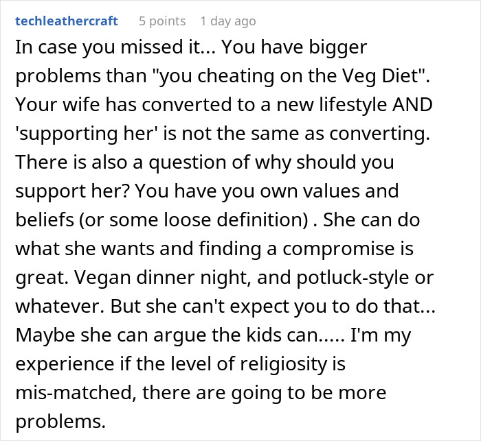 "AITA For Secretly Cheating On Our Vegetarian Diet That My Wife Made Our Family Do?"