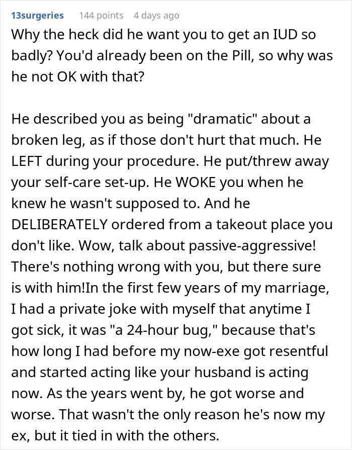 “AITAH For Being Mad At My Husband For His Behavior After I Got An IUD Inserted?”: Woman Gets A Wake-Up Call