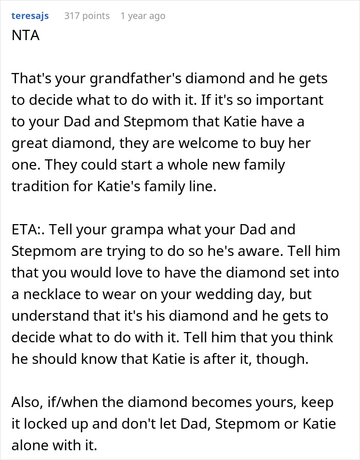 Bride-To-Be Wants Stepsister’s Heirloom Diamond For Engagement Ring, But Grandpa Says “No Way”