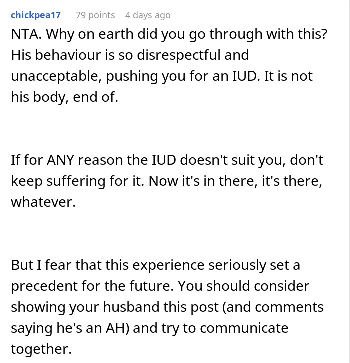 “AITAH For Being Mad At My Husband For His Behavior After I Got An IUD Inserted?”: Woman Gets A Wake-Up Call