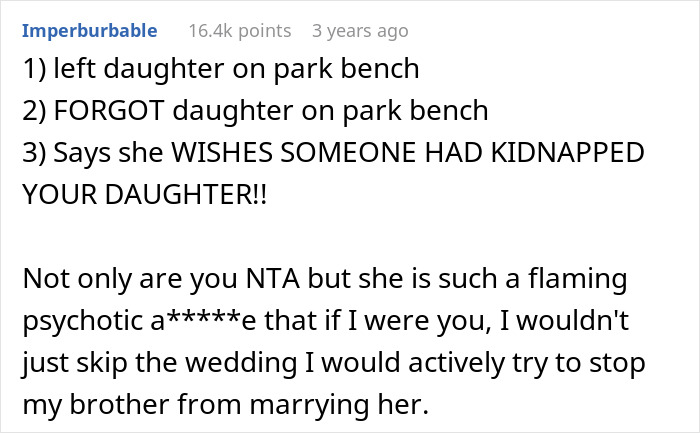 “AITA For Refusing To Attend My Brother’s Wedding After My SIL Left My 2-Month-Old On A Park Bench?”