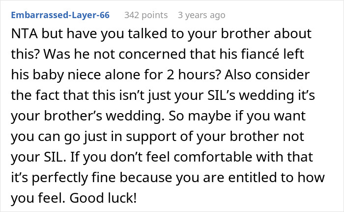 “AITA For Refusing To Attend My Brother’s Wedding After My SIL Left My 2-Month-Old On A Park Bench?”