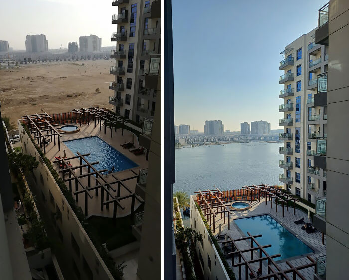 Antes y después de la reciente tormenta en Dubai. Ahora tengo un apartamento con vistas al lago