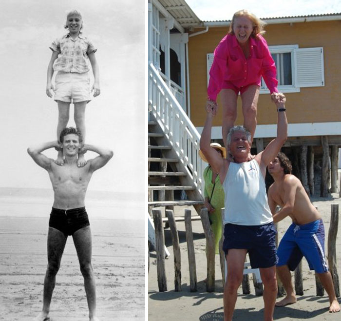 My Grandpa With His Sister. 55 Years Ago And Now