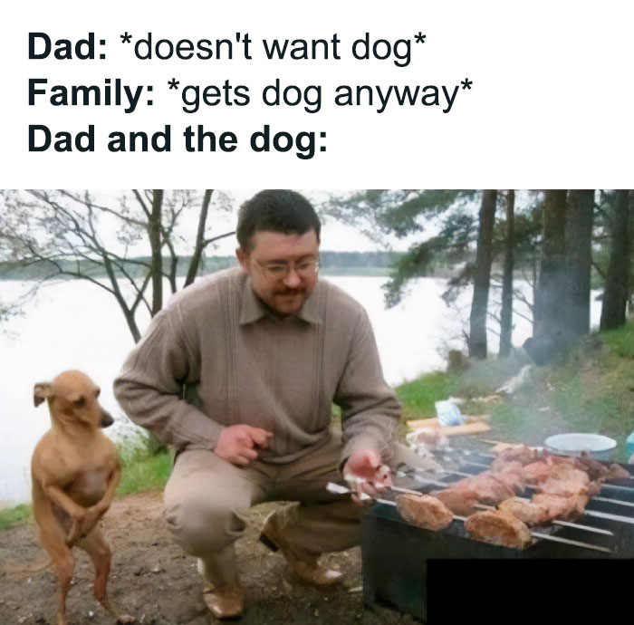 A dog meme showing a man squatting next to a grill, smiling as he prepares food. Beside him stands a small dog on its hind legs, mimicking the man's posture and appearing very focused on the food. The text above the image reads, "Dad: doesn't want dog Family: gets dog anyway Dad and the dog:". The meme humorously highlights how people who initially don't want a pet often end up bonding closely with them.