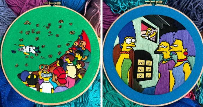 Artist's 44 Embroidered Scenes From The Simpsons That Take 10 To 30 Hours Each To Make (New Pics)