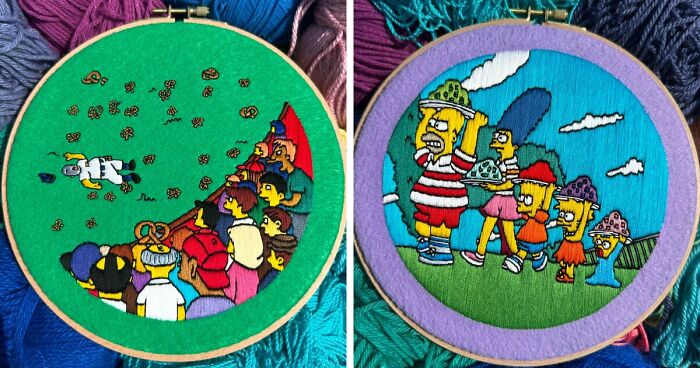 Artist's 44 Embroidered Scenes From The Simpsons That Take 10 To 30 Hours Each To Make (New Pics)