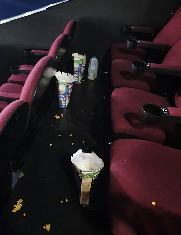 Being A Cinema Worker And Having To Clean Up After These Delightful People. Yes, Sadly, The Boxes Are Still Half Full Of Soggy Cereal And Milk