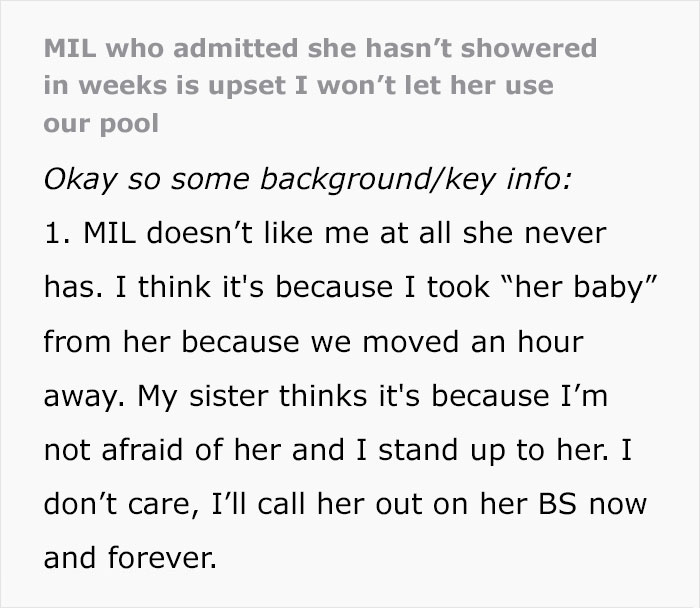 “MIL Who Admitted She Hasn’t Showered In Weeks Is Upset I Won’t Let Her Use Our Pool”