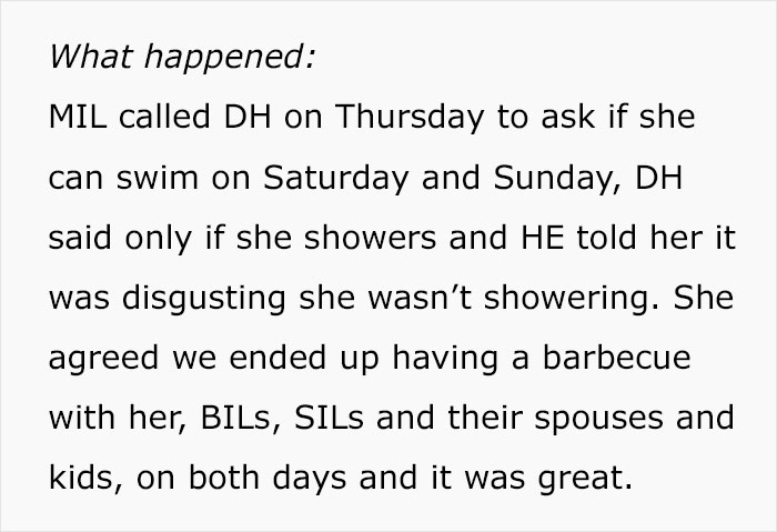 “MIL Who Admitted She Hasn’t Showered In Weeks Is Upset I Won’t Let Her Use Our Pool”