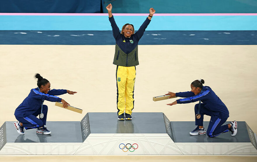 Team USA’s Simone Biles And Jordan Chiles Celebrating Brazil’s Rebeca Andrade’s Victory In A Heartwarming Moment