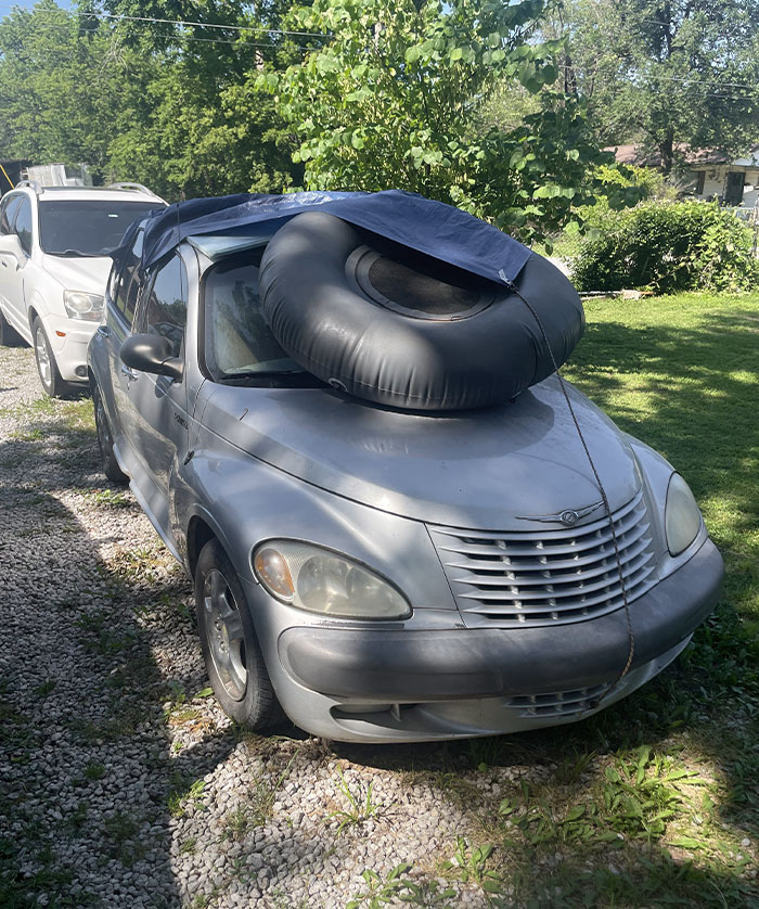 My Mom Covered The Windshield Of Her Prized PT Cruiser (Which Hasn’t Run In 5 Years) With A Raft To Protect It From Hail Damage