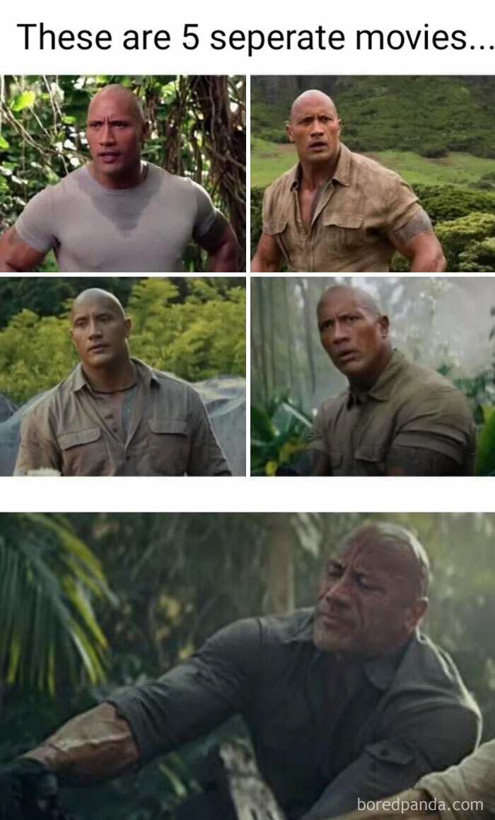 A The Rock meme showing five different images of Dwayne "The Rock" Johnson in various jungle settings, wearing similar outfits such as khaki shirts and t-shirts, looking serious and action-ready. The text above reads, "These are 5 separate movies…" humorously pointing out that despite being from different films, the scenes look almost identical, playing on The Rock's frequent roles in similar adventure-themed movies.