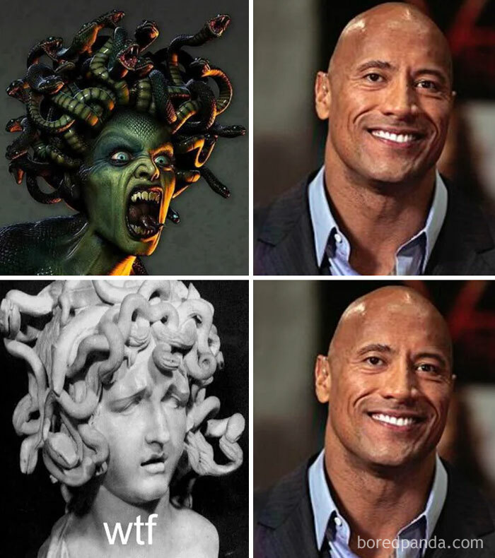 A The Rock meme with a four-panel layout. The top left panel shows an angry depiction of Medusa with snakes as hair, and the top right panel shows Dwayne "The Rock" Johnson smiling calmly. The bottom left panel features a marble statue of Medusa with a confused expression and the text "wtf" below it, while the bottom right panel repeats the same smiling image of The Rock. The meme humorously contrasts Medusa’s fierce and bewildered expressions with The Rock’s unchanging, friendly smile, highlighting the absurdity of their side-by-side comparison.