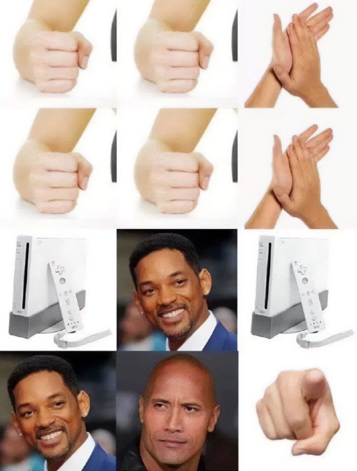 A The Rock meme arranged in a sequence to form a visual pun. The first row shows three fist emojis, followed by two clapping hands. The next rows feature images of the Nintendo Wii console, Will Smith smiling, and a pointing finger. In the middle, an image of Dwayne "The Rock" Johnson appears, completing the sequence to represent the phrase "Wii Will Rock You," cleverly combining the Wii console, Will Smith, and The Rock in a humorous play on words inspired by the famous song.