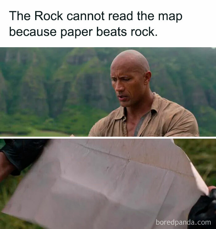 A The Rock meme showing Dwayne "The Rock" Johnson holding a map in a jungle setting, looking confused. The text above reads, "The Rock cannot read the map because paper beats rock," humorously referencing the classic game of rock-paper-scissors while playing on The Rock’s nickname. The meme cleverly combines the literal scenario of reading a map with the game's rule, adding a comedic twist to The Rock’s expression.