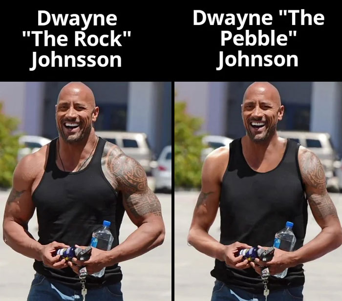 A The Rock meme featuring two side-by-side images of Dwayne "The Rock" Johnson. The left side is labeled "Dwayne 'The Rock' Johnson," showing him as his usual muscular self, while the right side is labeled "Dwayne 'The Pebble' Johnson," humorously edited to make him look slightly smaller and less muscular. The meme playfully contrasts the two versions of The Rock, emphasizing the comedic downgrade from "Rock" to "Pebble."