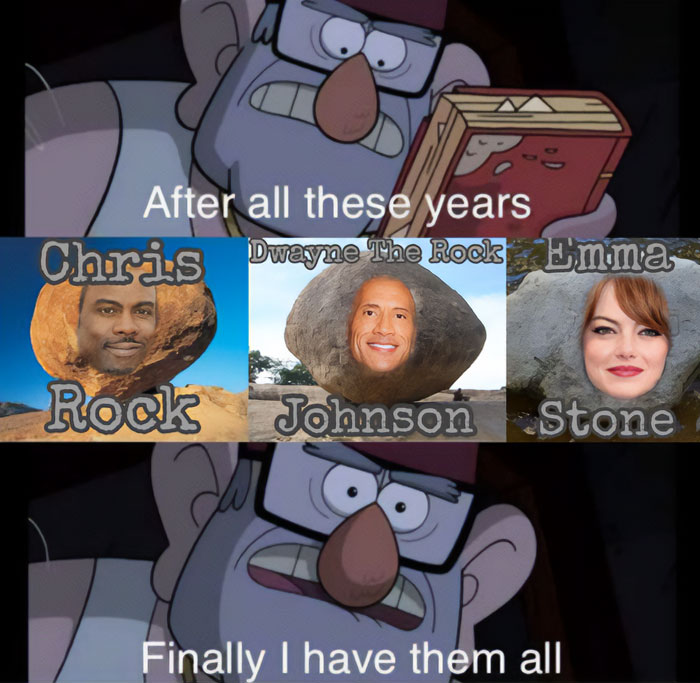 A The Rock meme featuring a scene from a cartoon where a character holds a book, looking triumphant. The top text reads, "After all these years," followed by images of Chris Rock, Dwayne "The Rock" Johnson, and Emma Stone, each with their faces humorously placed on a rock or stone. The bottom text says, "Finally I have them all," humorously playing on the wordplay of their names (Rock, The Rock, Stone) and combining them into one comical collection.