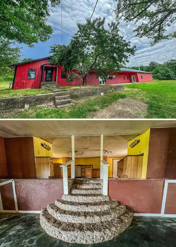 Found A Hillbilly Barn Mansion On Zillow. The Crazy Fred Flinstone Esque Stairs Connecting The Kitchen To The Living Room Are What Noteworthy