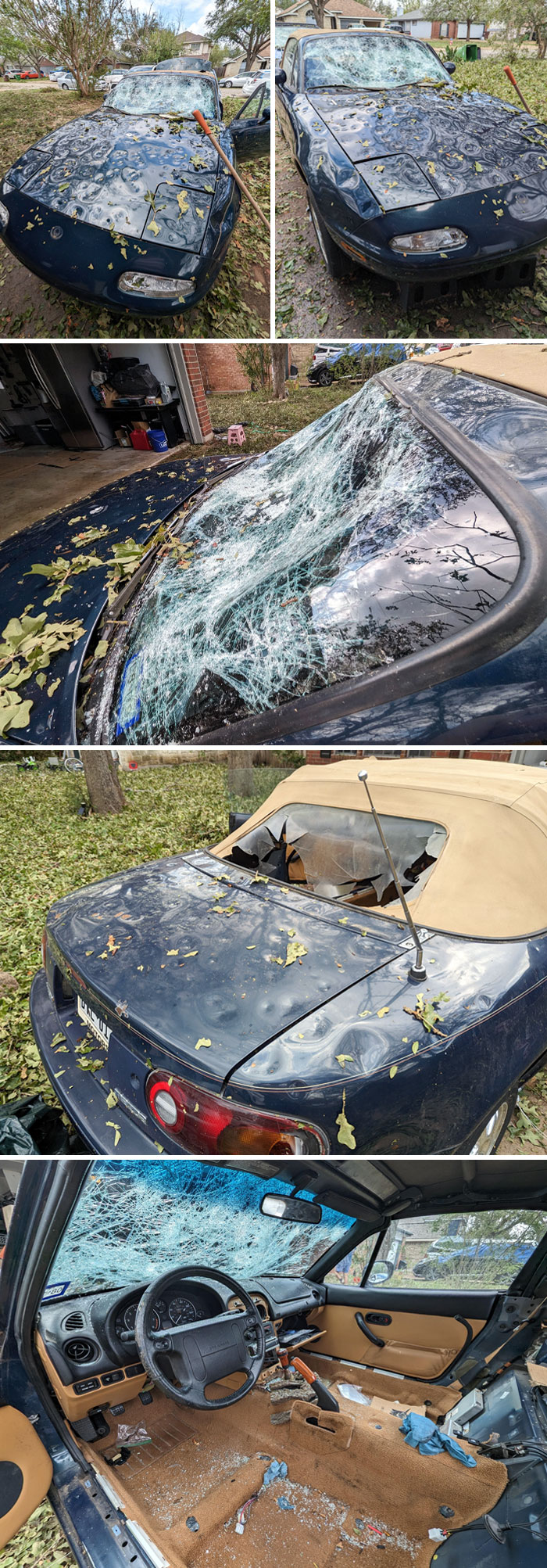 Why Is Life Like This? Miata vs. Baseball Hail. We Got Some Baseball-Sized Hail In My Area Sunday Night, And It Completely Obliterated The Neighborhood. I Think The Hail Won This One