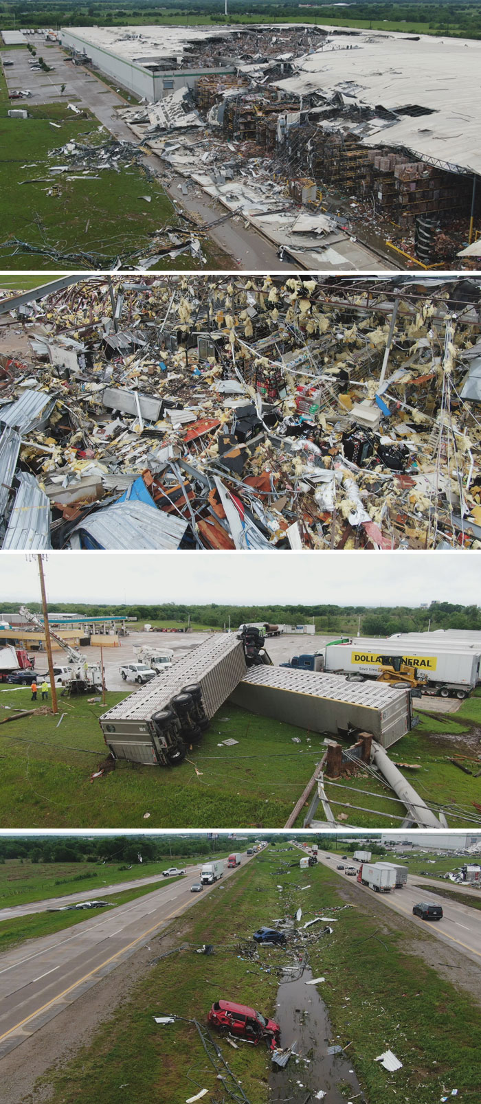 Images From Marietta, OK Tornado. Would Appear As If Cars And Semis Were Tossed Off The Interstate Last Night Next To The Dollar Tree DC That Was Impressively Shredded To Bits