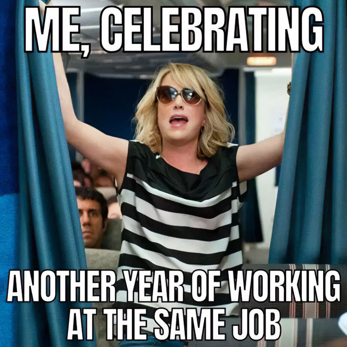 A work anniversary meme featuring a scene from the movie Bridesmaids with the character Annie, played by Kristen Wiig, standing in an airplane aisle with her arms raised and wearing sunglasses. The text at the top reads, "ME, CELEBRATING," and the text at the bottom says, "ANOTHER YEAR OF WORKING AT THE SAME JOB." The meme humorously captures the mix of emotions—both celebration and perhaps a hint of resignation—often associated with another year at the same job.