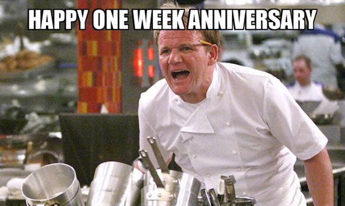 A work anniversary meme featuring celebrity chef Gordon Ramsay yelling in a kitchen, as seen on one of his cooking shows. The text at the top reads, "HAPPY ONE WEEK ANNIVERSARY." The meme humorously exaggerates the intensity of Gordon Ramsay's typical demeanor, applying it to the relatively minor milestone of a one-week work anniversary, implying that even the smallest achievements are acknowledged with extreme enthusiasm.