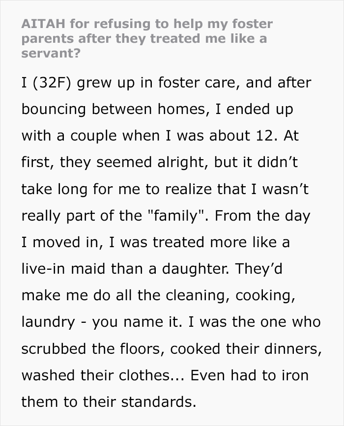 “AITA For Refusing To Help My Foster Parents After They Treated Me Like A Servant?”