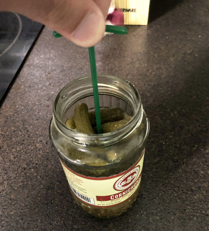 This Pickle Jar Has A Built-In Plastic Basket With A Stem So You Can Pull The Pickles Up To The Top