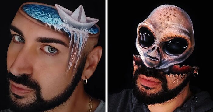 This Makeup Artist Uses His Own Head To Create Captivating 3D Masterpieces