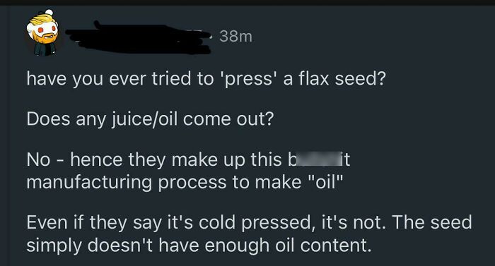 Text conversation showing a confident but incorrect statement about flax seed oil extraction.