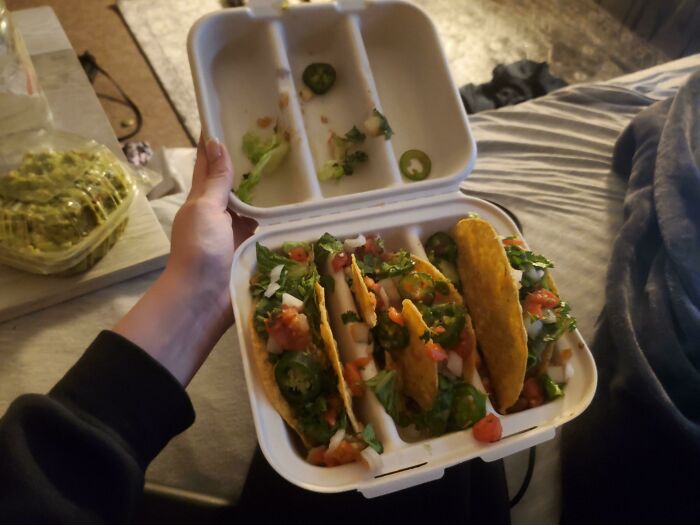 My 3 Tacos Came In A Container That Was Made To Hold 3 Tacos Upright ?