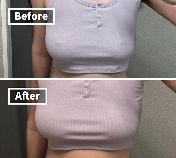 Before and after comparison of a person wearing a fitted top, highlighting items better delivered in a plain brown box.