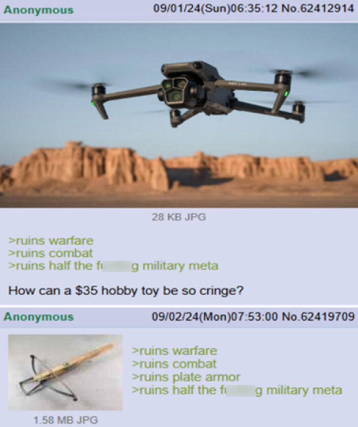 Drone and crossbow memes humorously critiquing historical warfare tactics with modern and medieval references.