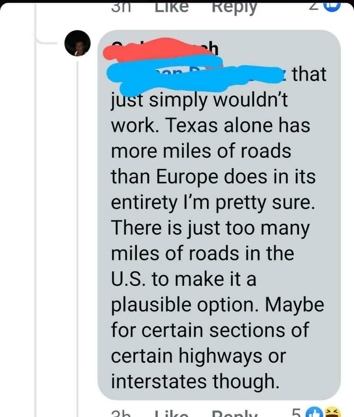 Screenshot of a comment showing an overly confident incorrect person discussing U.S. and Europe road mileage.