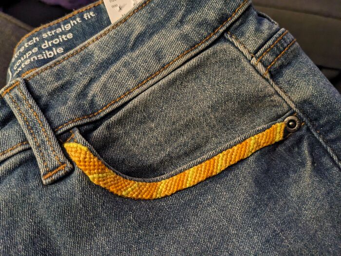 I Made A Friendship Bracelet And Then Sewed It Onto The Opening Of A Jean Pocket To Add Some Flair