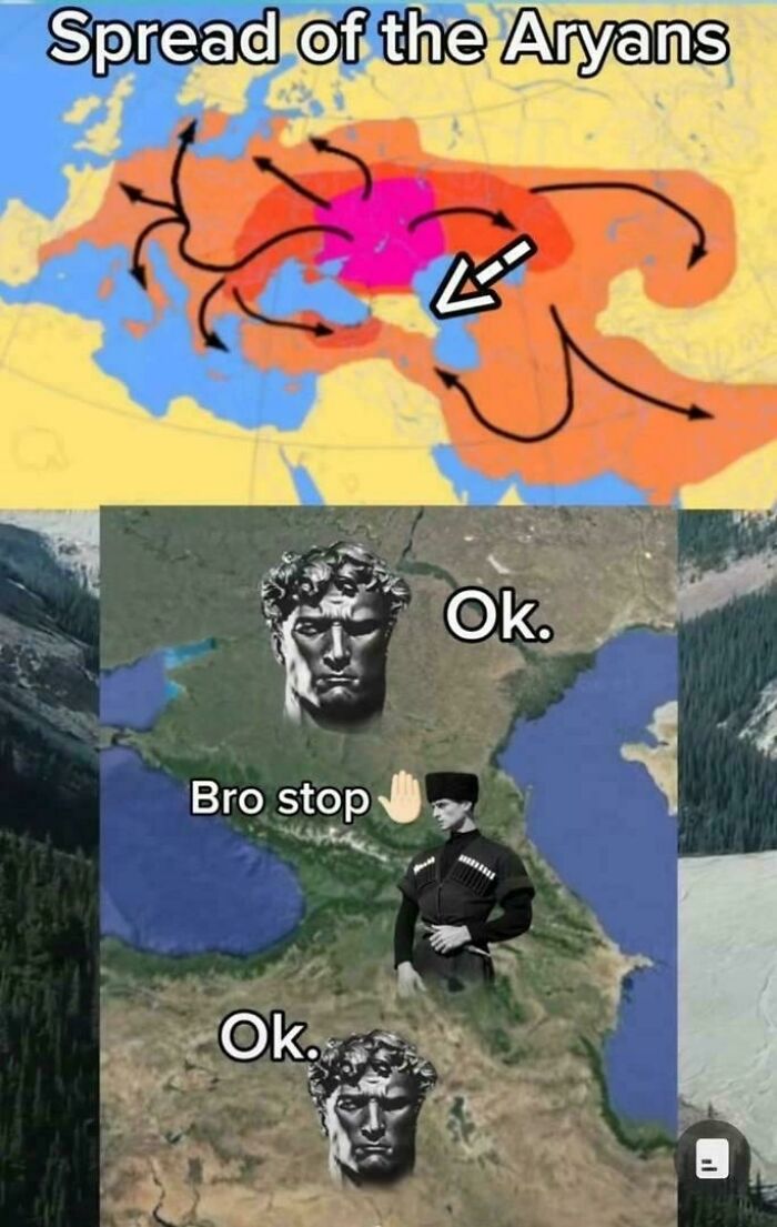 Map-based meme humorously depicting Aryan migration with statues and a historical figure saying "Bro stop."