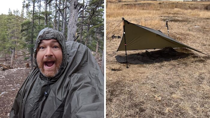 "My favorite piece of gear is a sil-nylon poncho tent. I use it for rain protection. It fits easily over my pack and myself. I use it as a tent foot print if needed. It works to add significant warmth to a sleeping bag when used as a vapor barrier and it’s great folded up to collect and carry firewood." - ProfessionSea7908