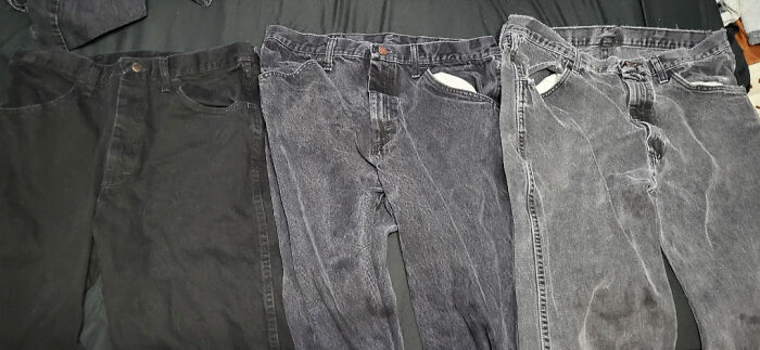 How My Work Pants Have Aged. New vs. 6-Month-Old vs. 2-Year-Old