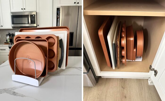 Clanging Cookie Sheets Giving You A Headache? This Baking Pan Organizer Will Bring Harmony 