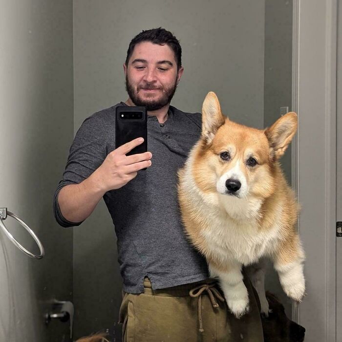 Man taking a mirror selfie, holding an absolute unit of a corgi dog in one arm.