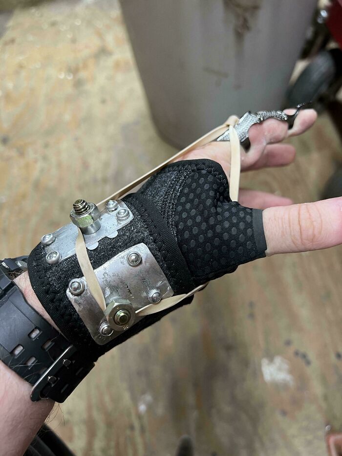 Cut A Nerve And Lost 1/3 Mobility In My Finger. This Frankenstein Prosthetic My Dad And I Made Helps Me Regain Most Of It Back