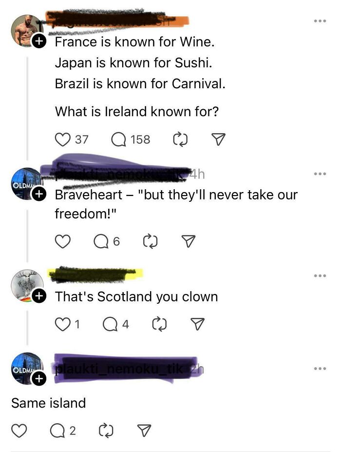 Social media thread showcasing an overly confident person incorrectly mixing up Ireland and Scotland.