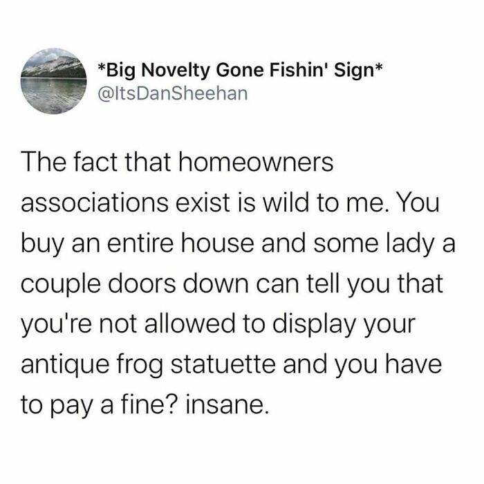 Millennial life meme about homeowners associations restricting display of antique frog statuette.