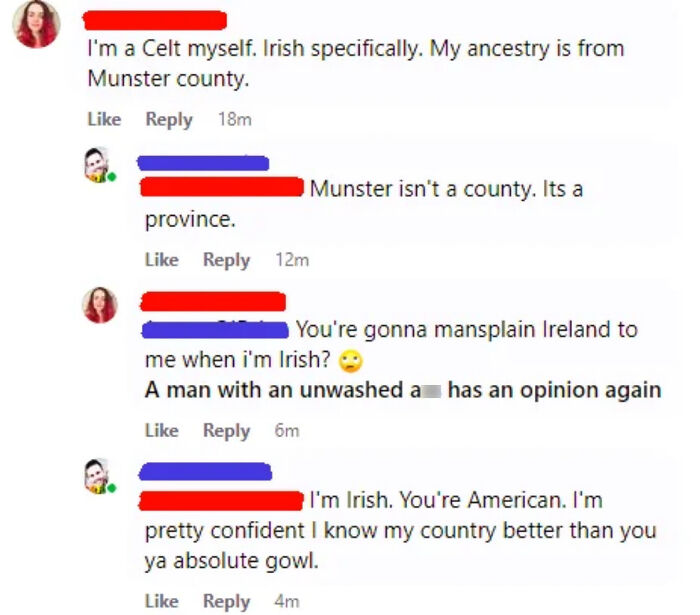 Social media exchange highlighting overly confident incorrect people debating Irish geography.