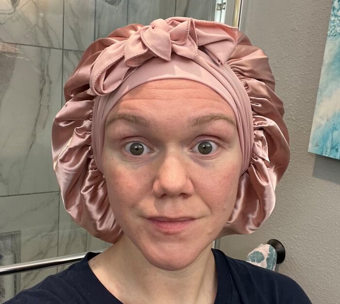 "Have you considered sleeping with a silk bonnet? I’ve recently started doing that and I feel like it’s helping my hair texture a lot, and I don’t have a hair tie in it all the time so I feel like there are less broken ends." - Content_wanderer