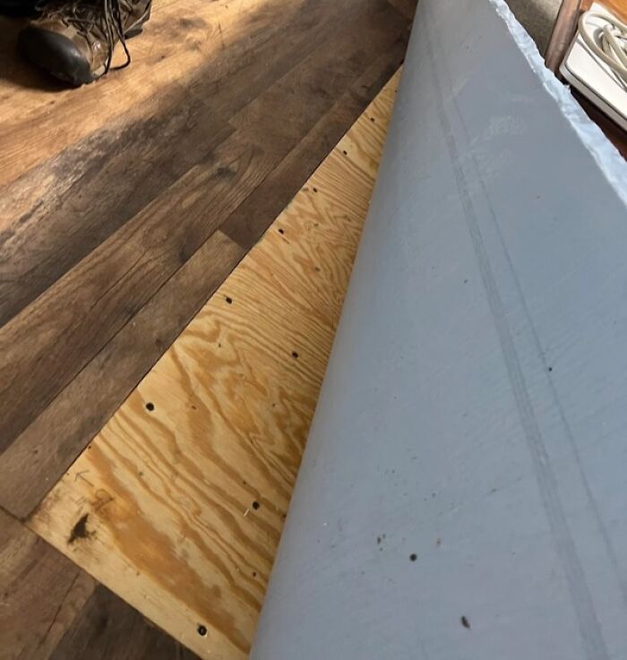 "Rented an apartment and the landlord was bragging about getting new “wood” flooring installed. Well he missed a huge spot in the living room and just covered it with a cut out square of carpet. We’re talking about a large area of roughly 8×8 ft" - [deleted]