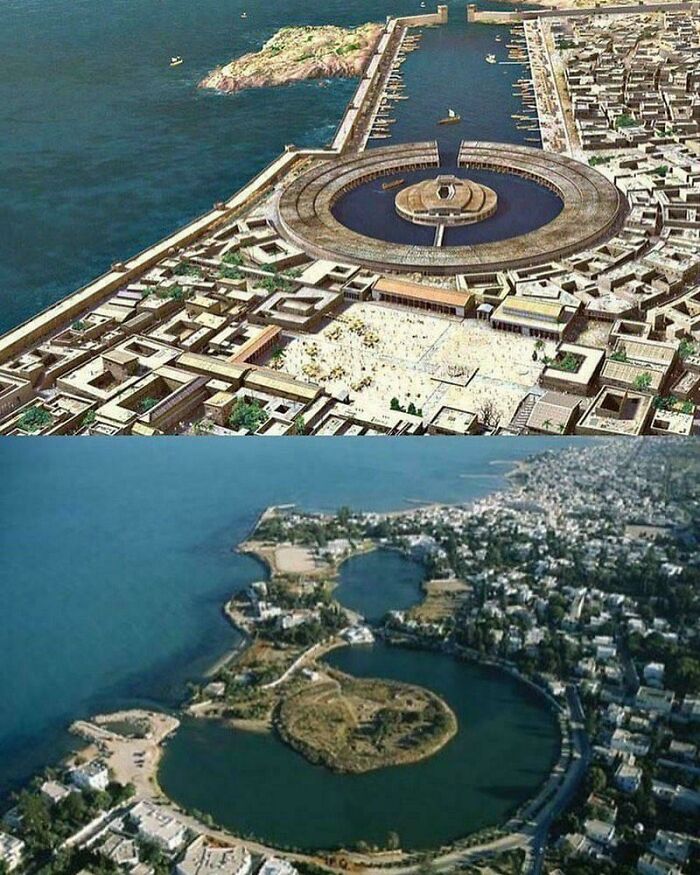 The Port Of Carthage, In Modern-Day Tunisia, As It Would Have Appeared In The 3rd Century Bce And How It Looks Today