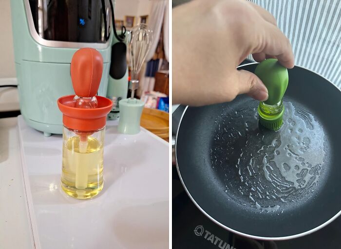 Finally, An Oil Dispenser That Understands The Struggle Of Unevenly Oiled Pans. This Oil Dispenser With Brush Lets You Paint Your Culinary Masterpiece With Precision